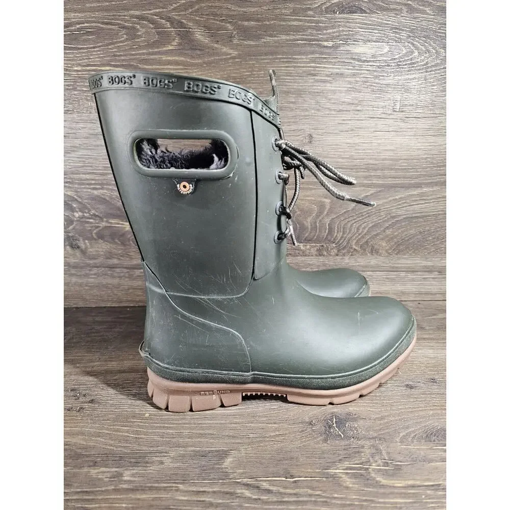 Bogs Amanda Plush Lace Up Waterproof Winter Rain Boots Green Womens Size 6